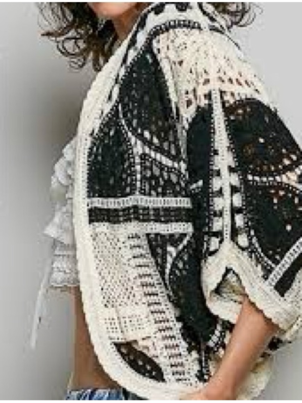 Boho Crochet Open-Front Sweater Cardigan - Cream & Black Pol one size